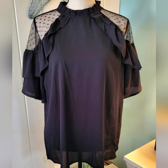 Dobby Mesh Dot Shoulder Ruffle Frill Trim Top Size 14 - Picture 3 of 12